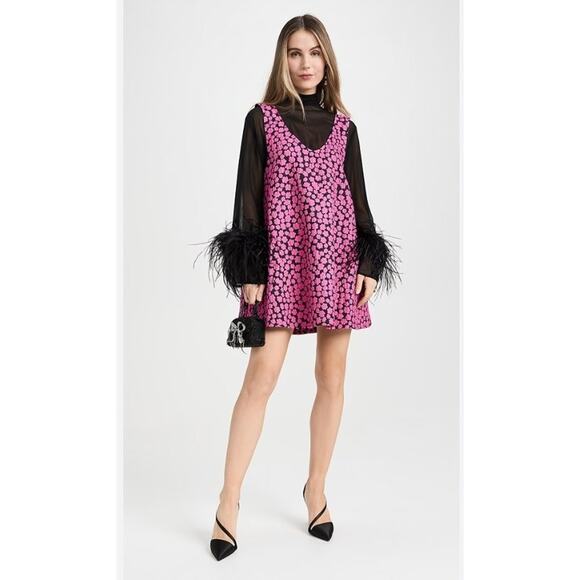 LA VIE STYLE HOUSE OS XS S M Pink Black A-Line Swing Bubble Floral Mini Dress